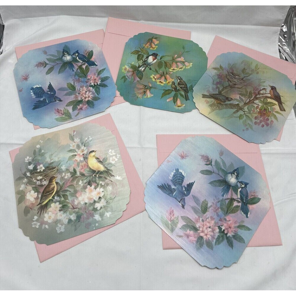5 VINTAGE QUALITY CREST BEAUTIFUL BIRDS SCENES GREETING CARDS UNUSED ENVLEOPES
